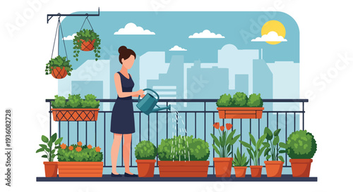 Modern vector illustration of woman watering plants on city balcony garden, urban summer lifestyle and eco friendly home activity concept