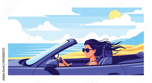 Modern vector illustration of woman driving convertible car with sunglasses, sunny summer road trip travel and freedom lifestyle concept