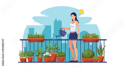 Modern vector illustration of woman watering plants on city balcony garden, urban summer lifestyle and eco friendly home activity concept