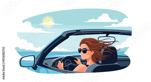 Modern vector illustration of woman driving convertible car with sunglasses, sunny summer road trip travel and freedom lifestyle concept