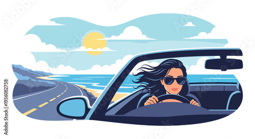 Modern vector illustration of woman driving convertible car with sunglasses, sunny summer road trip travel and freedom lifestyle concept