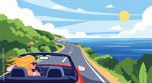 Modern vector illustration of woman driving convertible car with sunglasses, sunny summer road trip travel and freedom lifestyle concept