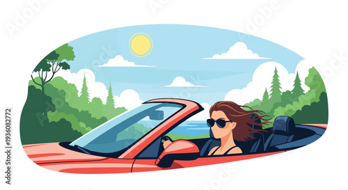 Modern vector illustration of woman driving convertible car with sunglasses, sunny summer road trip travel and freedom lifestyle concept
