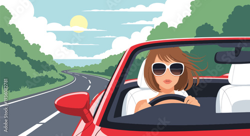 Modern vector illustration of woman driving convertible car with sunglasses, sunny summer road trip travel and freedom lifestyle concept