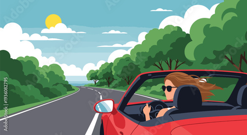 Modern vector illustration of woman driving convertible car with sunglasses, sunny summer road trip travel and freedom lifestyle concept