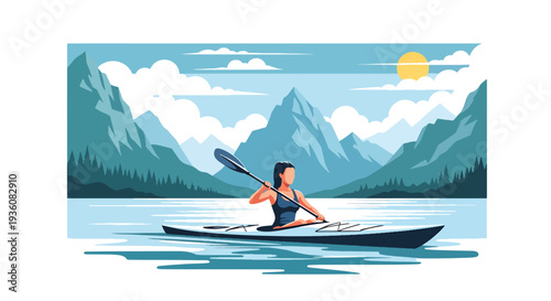 Modern vector illustration of woman kayaking on calm lake surrounded by mountains, active summer outdoor adventure travel concept
