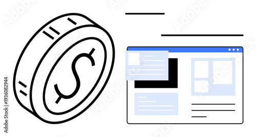 E-commerce, digital currency, financial technology, online transactions, investment trends, internet payments. Coin icon and computer window. E-commerce and digital currency