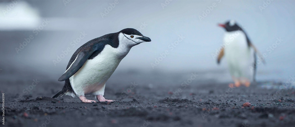 Obraz premium A Chinstrap penguin standing on a volcanic black sand beach with another penguin in the background