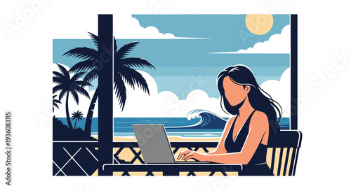 Modern vector illustration of woman working remotely on laptop at beach cafe, digital nomad summer travel and modern freelance lifestyle concept