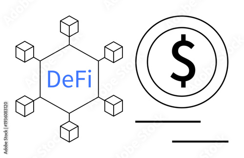Blockchain structure surrounding DeFi text paired with a dollar sign inside a coin outline. Ideal for finance, cryptocurrency, blockchain, digital payments, decentralized systems, fintech