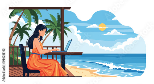 Modern vector illustration of woman working remotely on laptop at beach cafe, digital nomad summer travel and modern freelance lifestyle concept