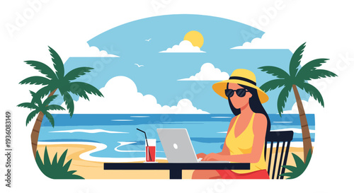 Modern vector illustration of woman working remotely on laptop at beach cafe, digital nomad summer travel and modern freelance lifestyle concept