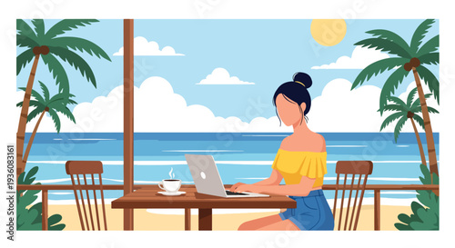 Modern vector illustration of woman working remotely on laptop at beach cafe, digital nomad summer travel and modern freelance lifestyle concept