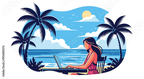 Modern vector illustration of woman working remotely on laptop at beach cafe, digital nomad summer travel and modern freelance lifestyle concept