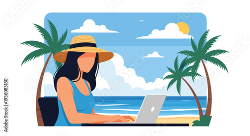 Modern vector illustration of woman working remotely on laptop at beach cafe, digital nomad summer travel and modern freelance lifestyle concept