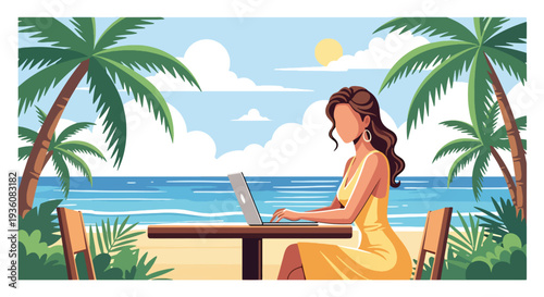 Modern vector illustration of woman working remotely on laptop at beach cafe, digital nomad summer travel and modern freelance lifestyle concept