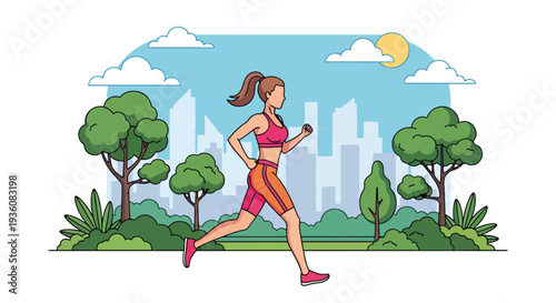 Modern vector illustration of woman jogging in sunny city park wearing summer fitness outfit, healthy active lifestyle and seasonal outdoor exercise concept