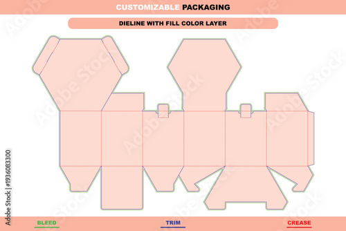 Hexagon shaped polygonal box dieline custom sizes editable packaging carton template customizable product branding folding design structure accurate premium die line