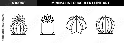 Desert flora botanical line art for minimalist home decor branding. Thick monoline succulent and cactus graphics with geometric ribbing and floral blooms.