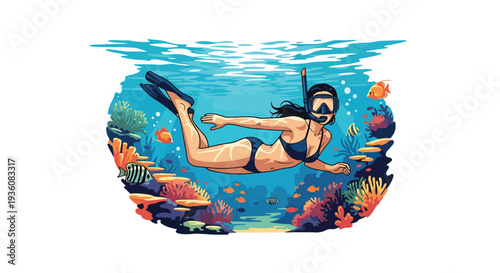 Modern vector illustration of woman snorkeling in clear tropical water with fish silhouettes, vibrant summer ocean travel and underwater adventure concept