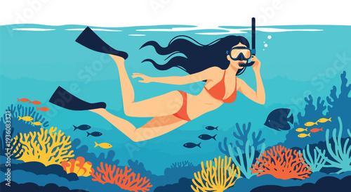 Modern vector illustration of woman snorkeling in clear tropical water with fish silhouettes, vibrant summer ocean travel and underwater adventure concept
