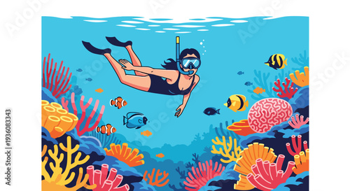 Modern vector illustration of woman snorkeling in clear tropical water with fish silhouettes, vibrant summer ocean travel and underwater adventure concept