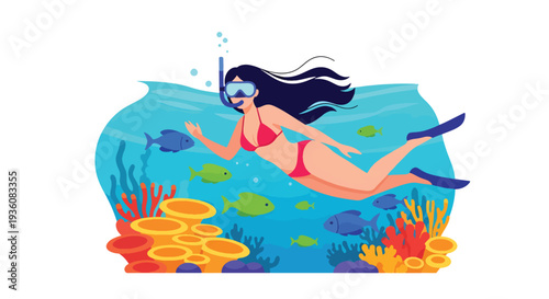 Modern vector illustration of woman snorkeling in clear tropical water with fish silhouettes, vibrant summer ocean travel and underwater adventure concept