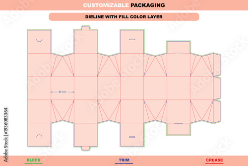 Sphere surprise gift box dieline for polygonal carton packaging editable modern 3D spherical box mockup template fold marks accurate customizable die line layout