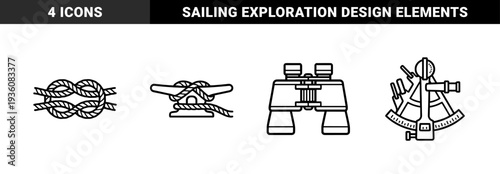 Marine navigation and nautical exploration equipment featuring monoline maritime elements. Bold black and white technical line art for sailing and seafaring concepts.