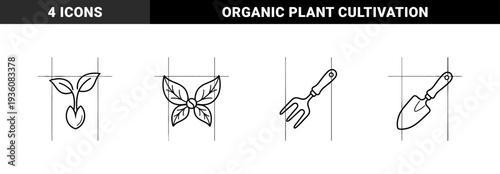 Sustainable gardening and organic cultivation line art featuring germinating seed, butterfly plant, hand fork, and digging trowel for landscaping.