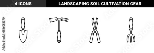 Manual gardening equipment and soil cultivation tools for backyard landscaping. Minimalist monoline outlines of a trowel, hand fork, hoe, and pruning shears.
