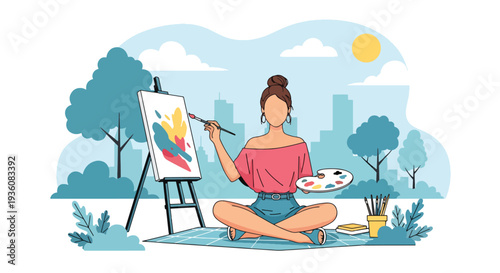 Modern vector illustration of woman painting on canvas in sunny park, creative summer hobby and artistic outdoor lifestyle concept