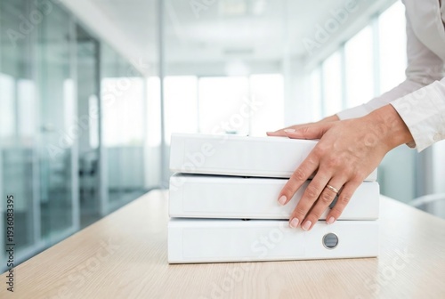 Businesswoman hands stacking blank white ring binders on a wooden desk in a modern office