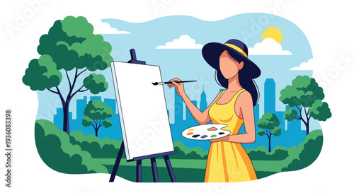 Modern vector illustration of woman painting on canvas in sunny park, creative summer hobby and artistic outdoor lifestyle concept
