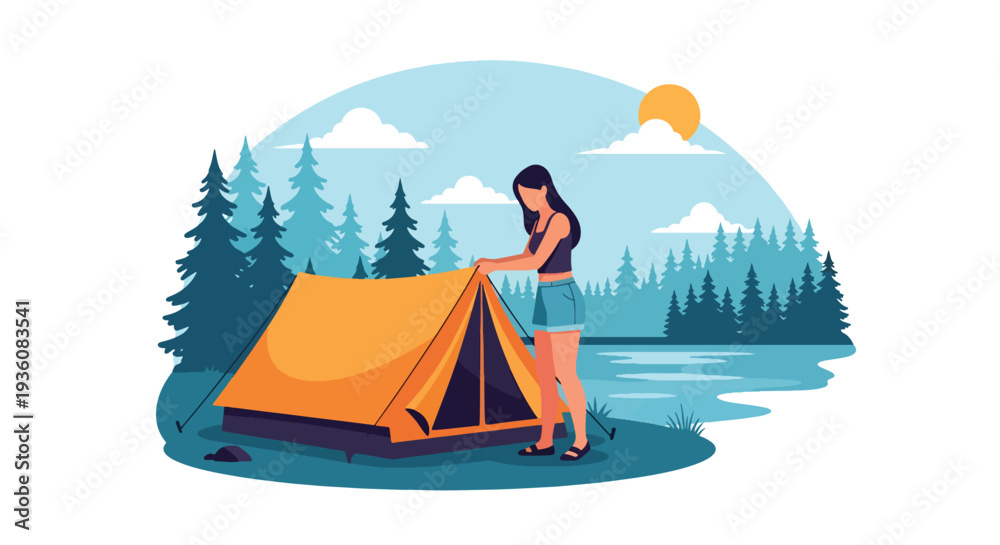 Obraz premium Modern vector illustration of woman setting up tent near lake in summer outfit, outdoor camping adventure and seasonal travel lifestyle concept
