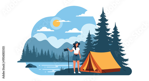 Modern vector illustration of woman setting up tent near lake in summer outfit, outdoor camping adventure and seasonal travel lifestyle concept