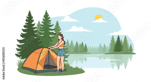 Modern vector illustration of woman setting up tent near lake in summer outfit, outdoor camping adventure and seasonal travel lifestyle concept