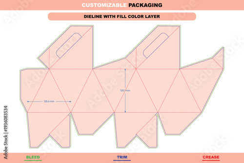 Triangular tuck end box dieline custom dimensions editable retail carton packaging stylish mockup customizable template fold marks setup detailed die line printing