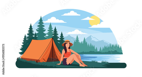 Modern vector illustration of woman setting up tent near lake in summer outfit, outdoor camping adventure and seasonal travel lifestyle concept
