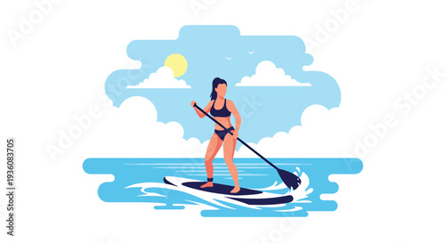 Modern vector illustration of woman practicing paddle board on calm ocean during sunny day, active summer sport and coastal travel lifestyle concept