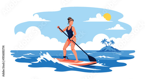 Modern vector illustration of woman practicing paddle board on calm ocean during sunny day, active summer sport and coastal travel lifestyle concept