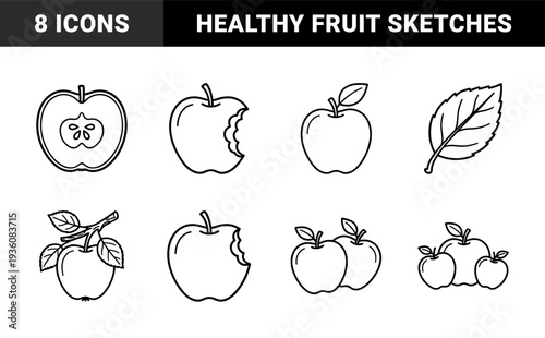 Apple fruit outline illustrations for healthy eating education and grocery branding. Minimalist monoline sketches featuring whole, sliced, and bitten fruit with leaves.