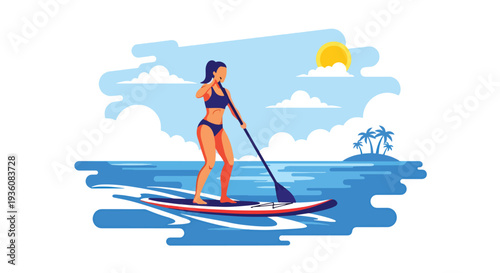 Modern vector illustration of woman practicing paddle board on calm ocean during sunny day, active summer sport and coastal travel lifestyle concept