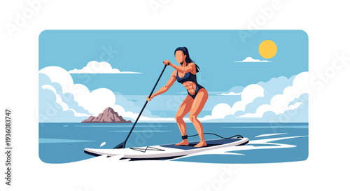 Modern vector illustration of woman practicing paddle board on calm ocean during sunny day, active summer sport and coastal travel lifestyle concept