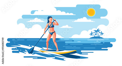 Modern vector illustration of woman practicing paddle board on calm ocean during sunny day, active summer sport and coastal travel lifestyle concept