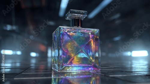 Colorful perfume bottle stands on a reflective surface in a modern space with bright lights around it