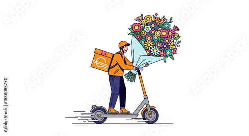 A cheerful delivery person efficiently transports a vibrant, oversized floral bouquet on an electric scooter, showcasing modern urban flower delivery services.