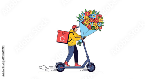 A cheerful courier on an electric scooter delivers a magnificent, colorful bouquet of fresh flowers, ensuring timely arrival for any celebration.
