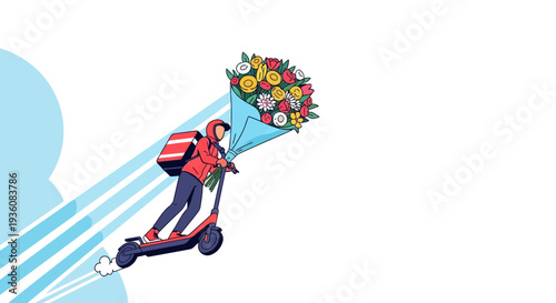 A speedy delivery person on an electric scooter quickly transports a vibrant, oversized bouquet of fresh flowers for a special occasion.