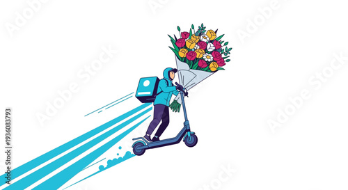 A dynamic illustration of a modern delivery person on an electric scooter rapidly transporting a large, colorful bouquet of fresh flowers.